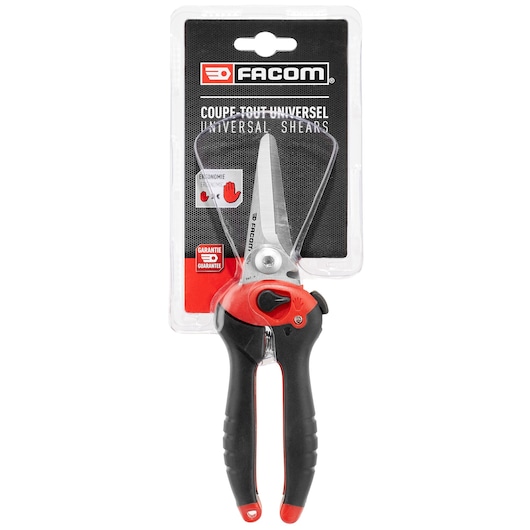 Facom 980_PB universal shears with black and red ergonomic handle, packaged, front angle.