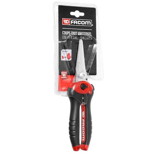Facom universal shears 980_PB with ergonomic black and red handle, front view, in retail packaging.