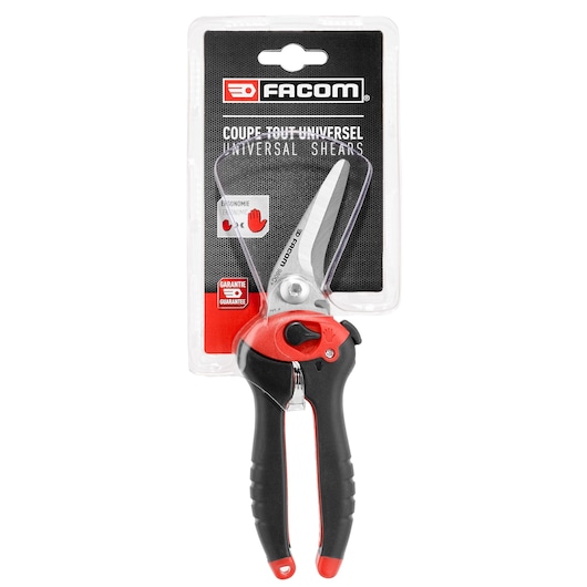 Photo of Facom 980C_PB universal shears, black and red ergonomic handles, retail packaging, front angle.