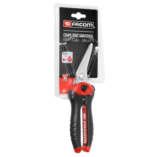 Facom 980C_PB universal shears with black and red ergonomic handle in retail packaging, front angle.