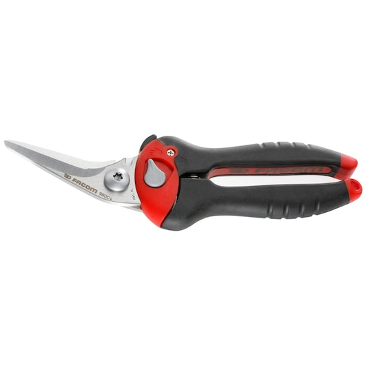 Facom 980C aviation snips with black and red ergonomic handles, side view on white background.