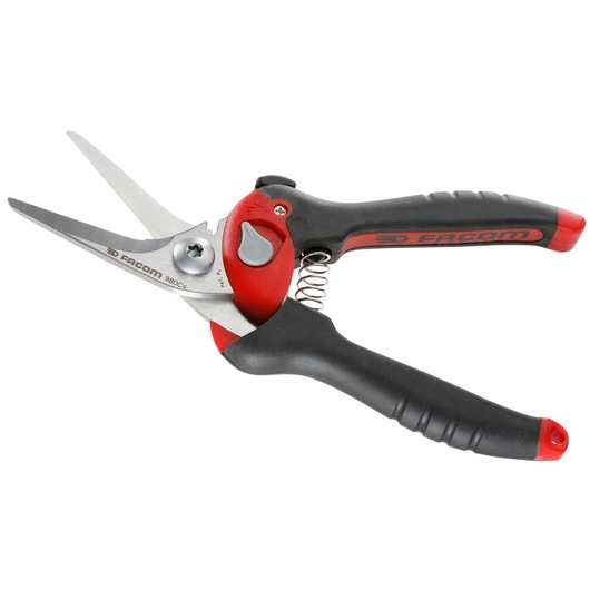 Facom 980C pruner, black and red handles, angled blade, spring mechanism, product photo, front view
