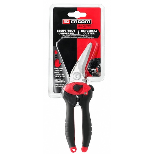 Facom 980C universal cutter with red and black ergonomic handle in retail packaging, front view.