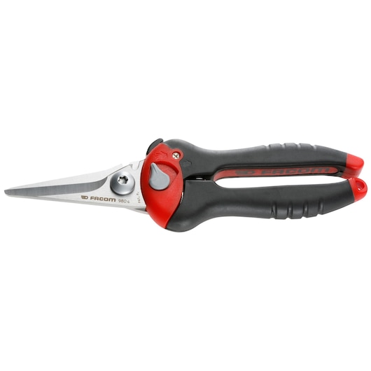 Photo of Facom 980 hand shears with black and red ergonomic handle, side view on white background.
