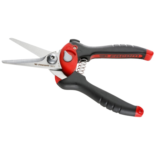 Facom 980 scissors with black and red ergonomic handles, angled view on white background.
