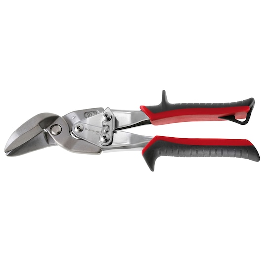 Facom 982 aviation snips with angled blades, silver metal with red and black ergonomic handles, side view.