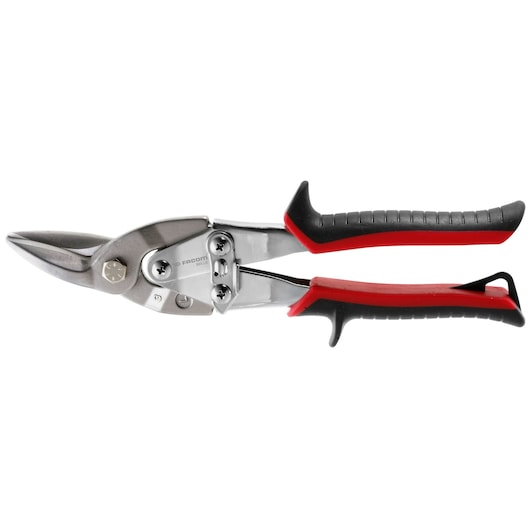Facom 985_LE aviation snips with red and black ergonomic handles, side angle, white background.