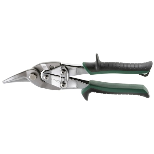 Facom 985_RI aviation snips with green and black ergonomic handles, side view on white background.