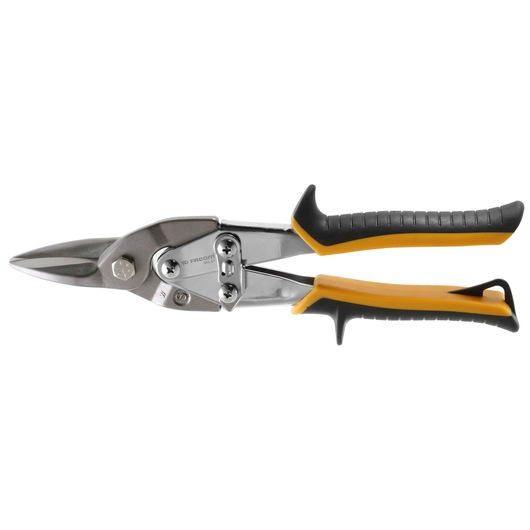 Facom 985_ST straight-cut aviation snips with yellow and black handles, side view on white background.
