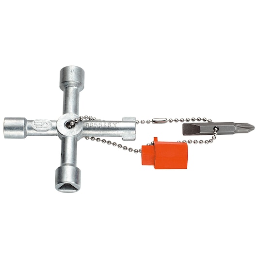 Facom 985548 silver multifunction key with chain, orange cap and screwdriver bit, white background.