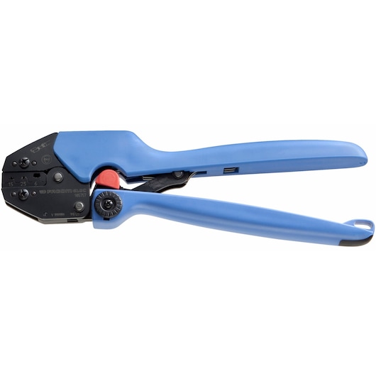 Facom 985757 crimping tool with blue handles, side view on white background.