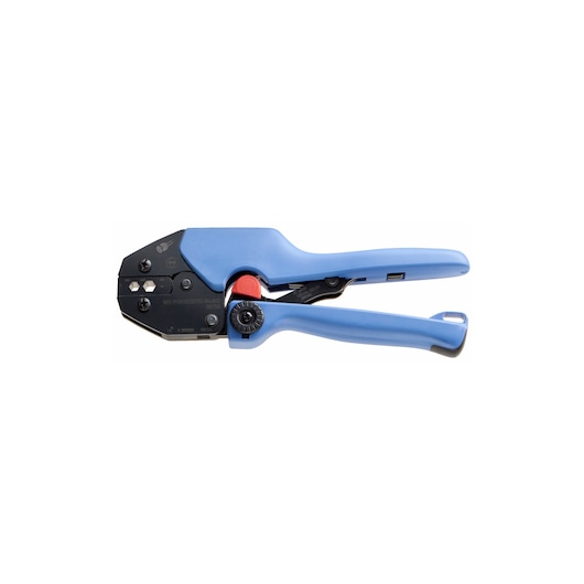 Photo of Facom wire crimping tool with blue handles, SKU 985758, side angle on white background.