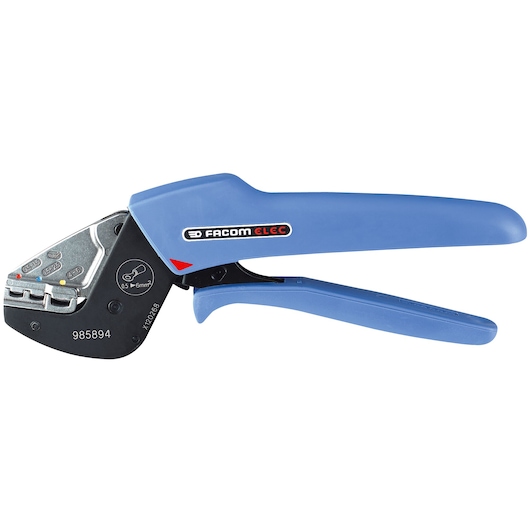 Facom 985894 blue-handled crimping tool, side view, for electrical connectors on white background.