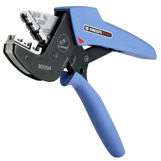 Photo of Facom crimping tool with blue handle, model 985894, side angle on white background.