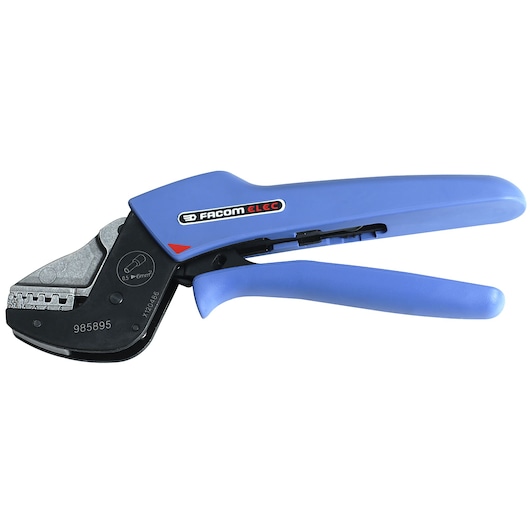 Facom crimping tool 985895 with blue handles, side angle on white background, metal jaws visible.