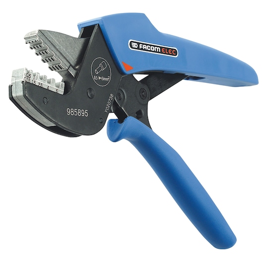 Facom 985895 wire crimping tool, blue handle, side angle, silver jaws, professional hand tool.
