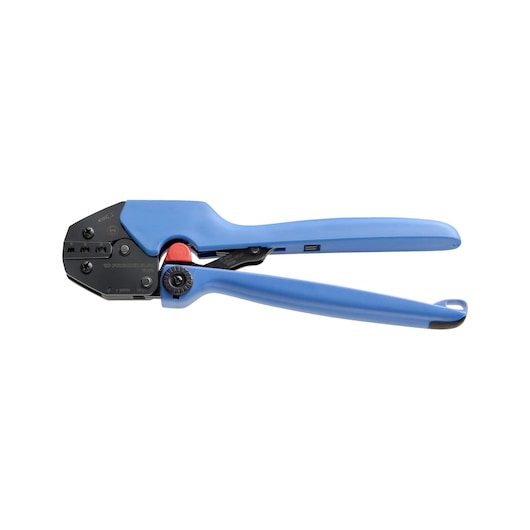 Facom 985896 blue-handled crimping tool, left side view, black metal head, white background.