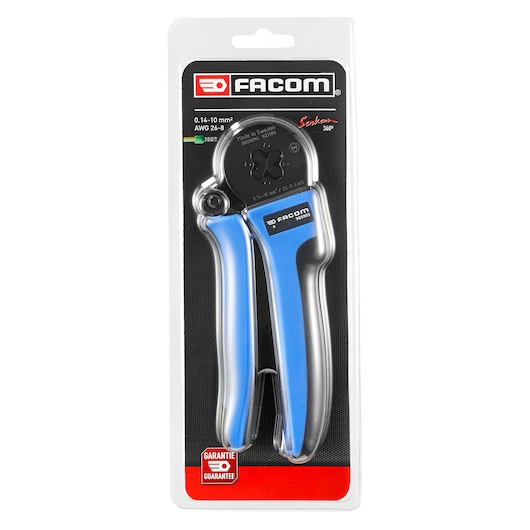 Facom 985905PB blue and black crimping tool in retail packaging, front angle on white background.