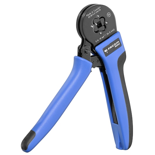 Photo of Facom 985905 blue and black crimping tool with ergonomic handles, side view on white background.
