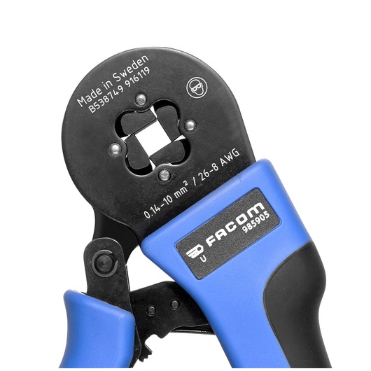 Photo of Facom 985905 wire crimper tool with blue and black handles, close-up on white background.