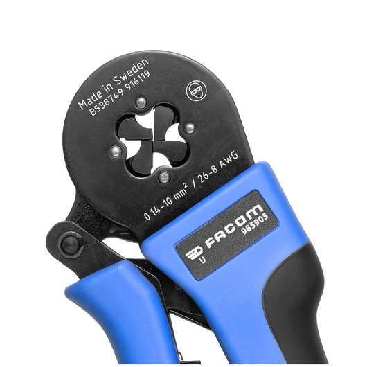 Facom 985905 crimping tool with black jaw and blue ergonomic handle, close-up angle on white background.