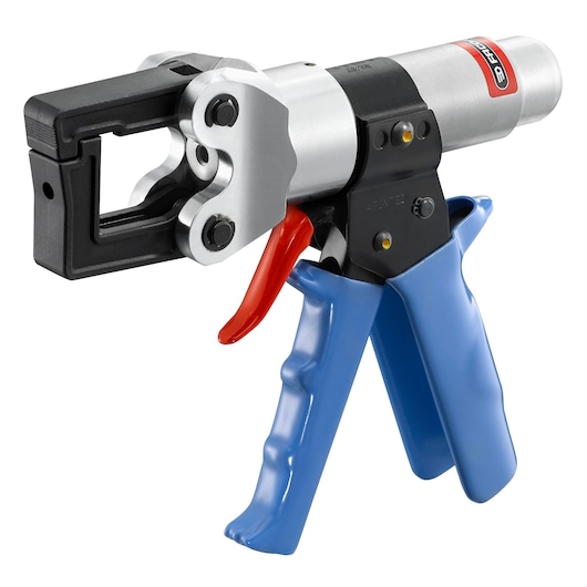 Facom 985913A cable tie tensioning tool with blue handles and red trigger, side angle on white background.