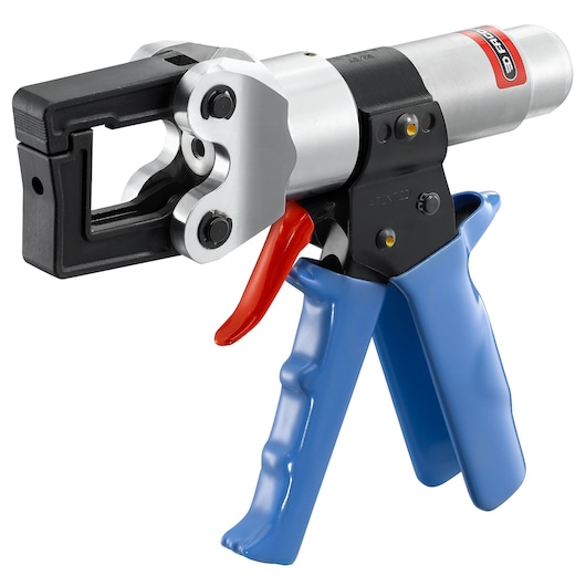 Facom 985913 metal cable crimping tool with blue handles, red trigger, side angle on white background