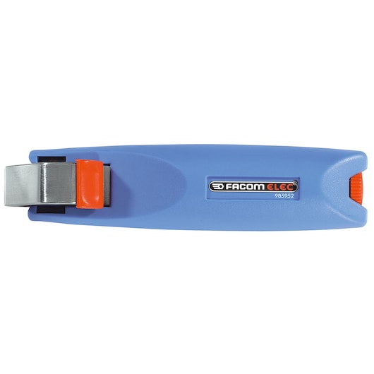 Facom 985952 blue wire stripper tool with orange button, top view on white background.