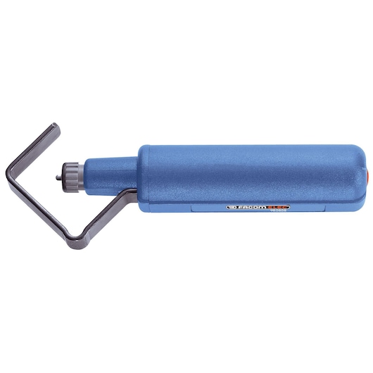 Facom 985957 blue cable stripping tool, side view on white background.