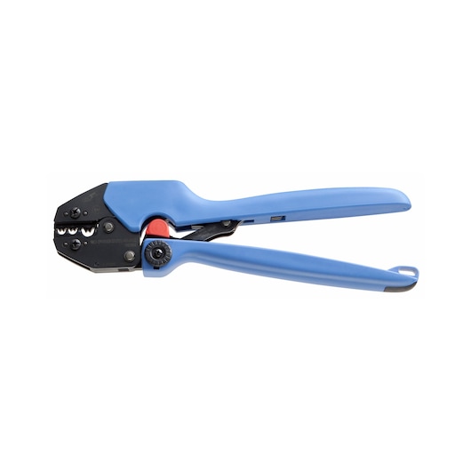 Facom 985966 crimping tool with blue handles, side view on white background.