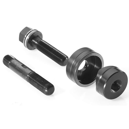 Facom 985978 automotive bushing tool set with two threaded rods and two cylindrical adapters on white background, side angle.