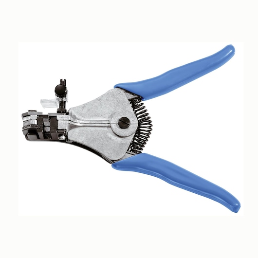 Facom 986059 automatic wire stripper with blue handles, side view on white background.