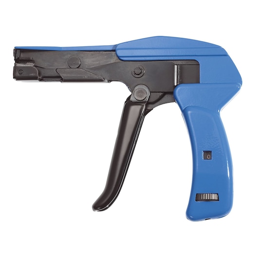 Facom 986075 cable tie gun, blue and black, side angle on white background.