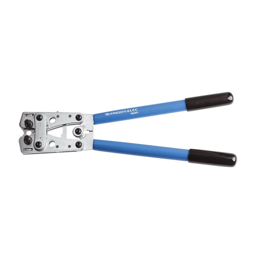 Photo of Facom 986095 crimping tool with blue handles, angled top view on white background.