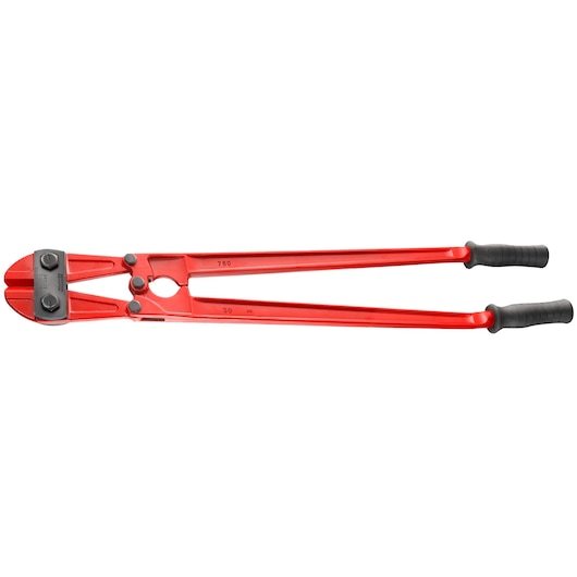 Facom 990BF4 bolt cutter with red handles and black grips, studio photography, side angle.