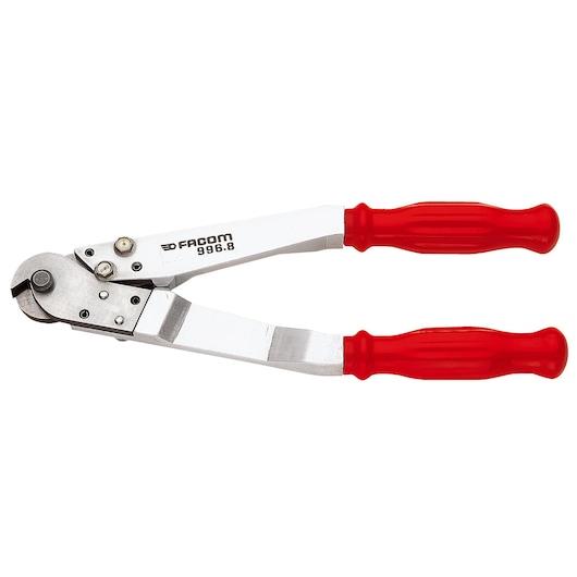 Facom 996_8 cable cutter with silver metal body and red handles, side angle, on white background.