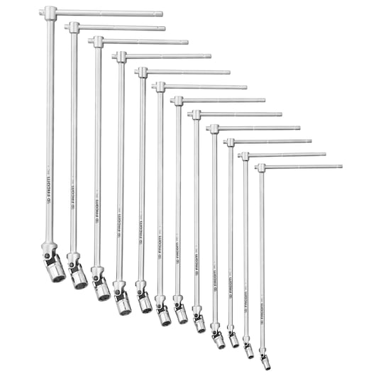 Facom 99CJE12 set of twelve silver T-handle socket wrenches arranged in size order, white background, front angle.