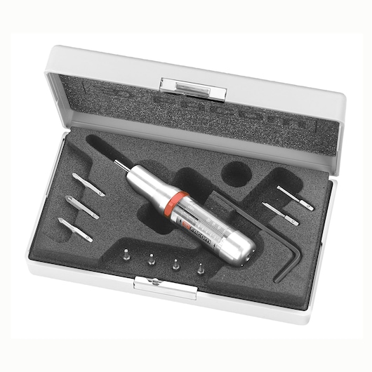 Facom A_300MTJ1 torque screwdriver set with multiple bits in a white storage case, photographed from above.