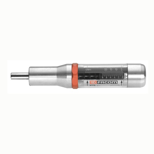 Facom A300MT torque screwdriver with scale, silver and orange, side angle on white background.