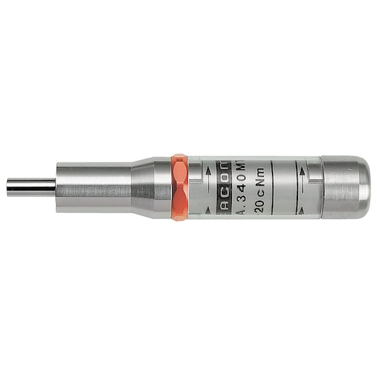 Facom torque screwdriver A_340MT side view, silver body with orange band, precision tool on white background.
