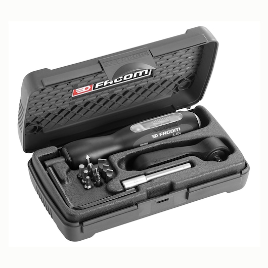 Facom A404J2 ratchet screwdriver set with bits in black hard case, angled front view.