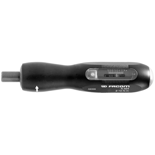 Facom A_404 black torque screwdriver with measurement scale, front angle, photography.