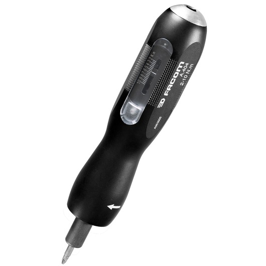 Facom A_404 black torque screwdriver with measurement window, angled on white background.