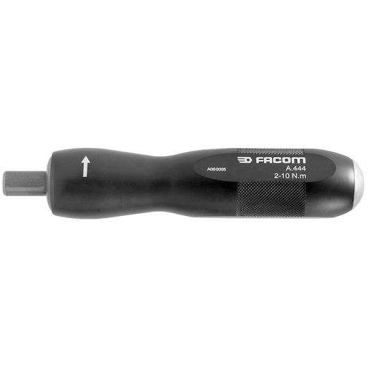 Facom A_444 black torque screwdriver, side view on white background.