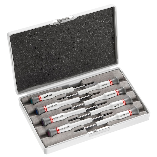 Facom AE_J1 precision screwdriver set in gray foam-lined white case, top view.
