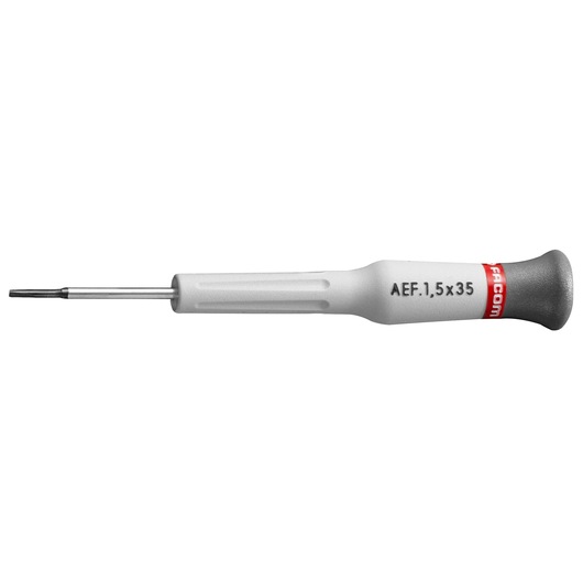 Facom precision flat screwdriver AEF_1_8X35 with gray handle and red branding, side view on white background.