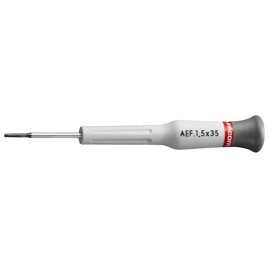 Facom precision slotted screwdriver AEF_3_5X75 with grey handle and red label, side view on white background.