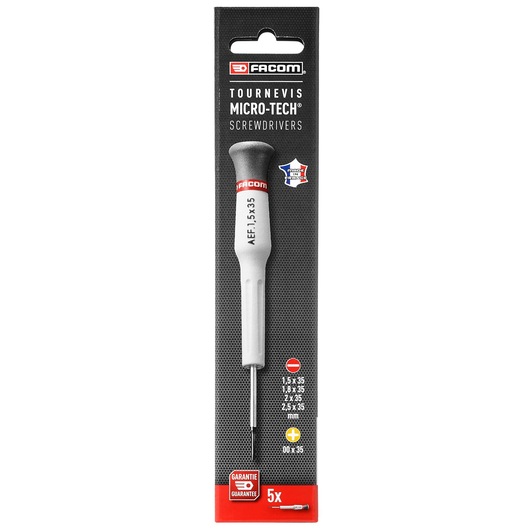 Photo of Facom AEF_J1PB precision Micro-Tech screwdriver in retail packaging, handle and tip visible, front angle.