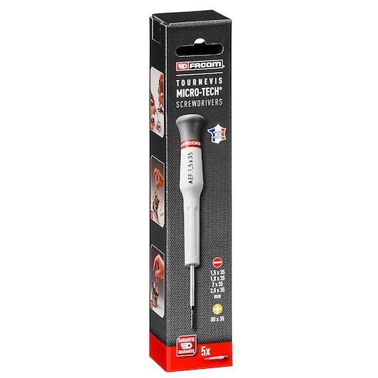 Facom AEF_J1PB precision screwdriver in retail box, front angle, black and red packaging.