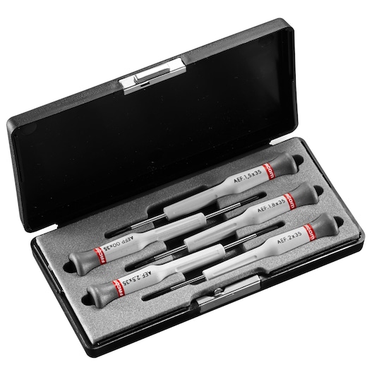 Facom precision screwdriver set in black case, photography category, SKU AEF_J1, top angle.